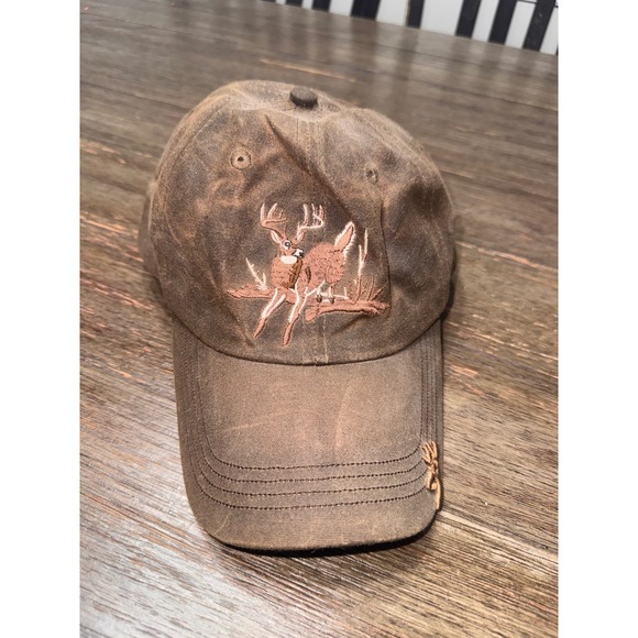 Browning Other - Browning Mens Waxed Cotton Deer Buck Embroidered Hat Brown Adjustable Cap OSFA